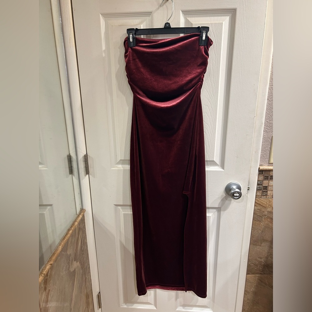 Strapless Velvet Slit-Leg Midi Dress
